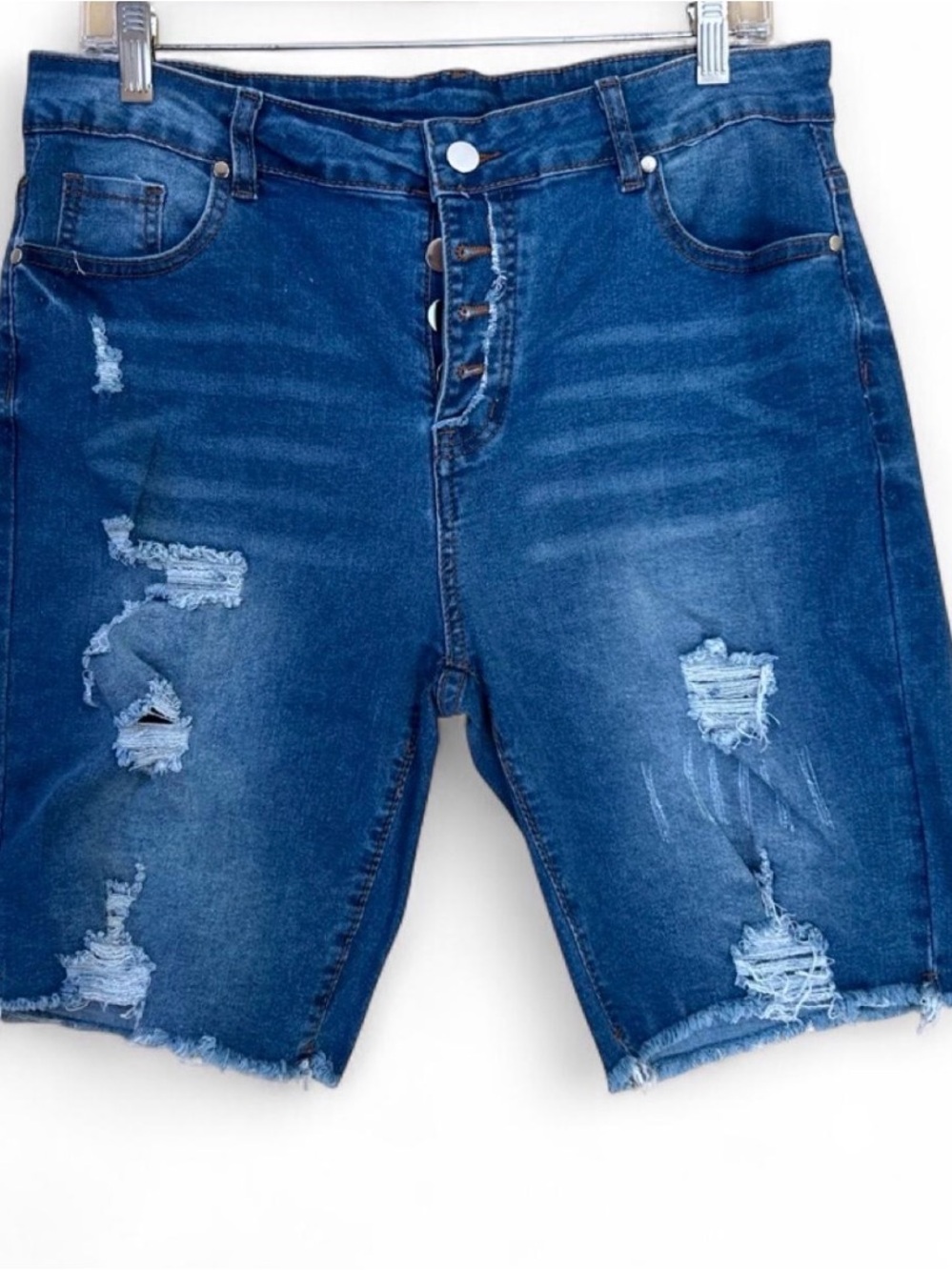 Jorts. Dark Blue Distressed Denim Bermuda Shorts